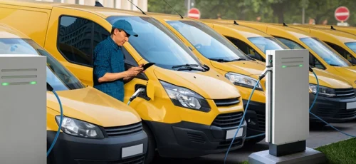 A man with a digital tablet standing next to yellow electric delivery vans at electric vehicle charging stations