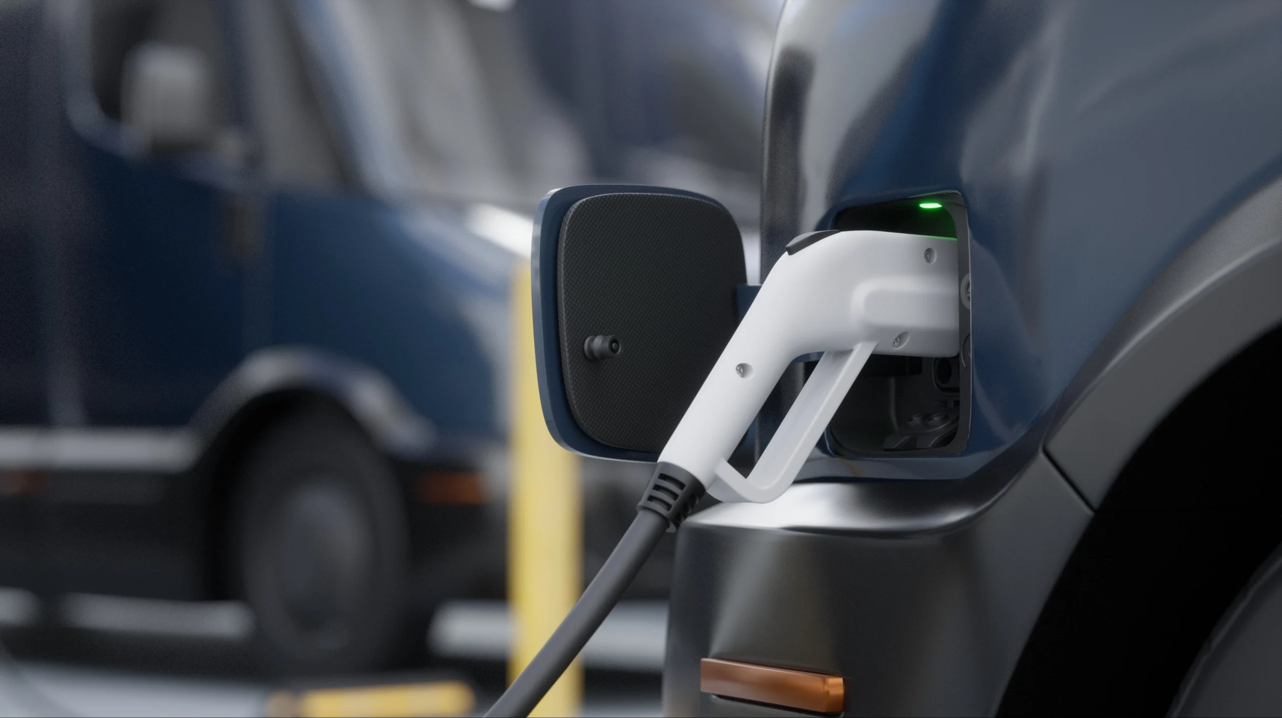 An EV car charging using a white plug