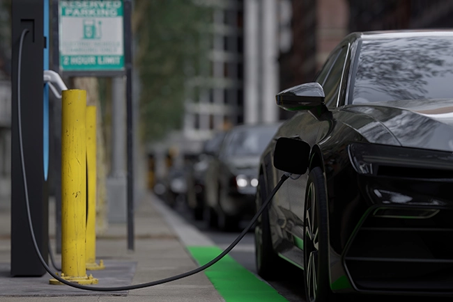 EV hybrid vehicle is charging in city downtown