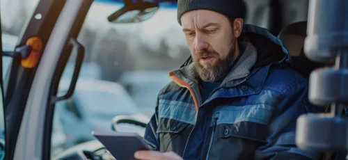 A specialist using Lynkwell's EV software to control and optimize the routes of a fleet of trucks