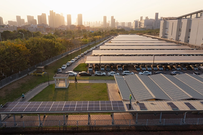 A green and sustainable parking lot with EV cars