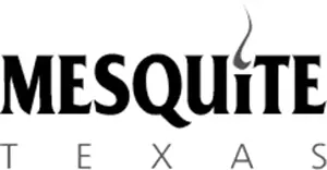 The word Mesquite with flames pushing upward on the letter "I" over the word Texas