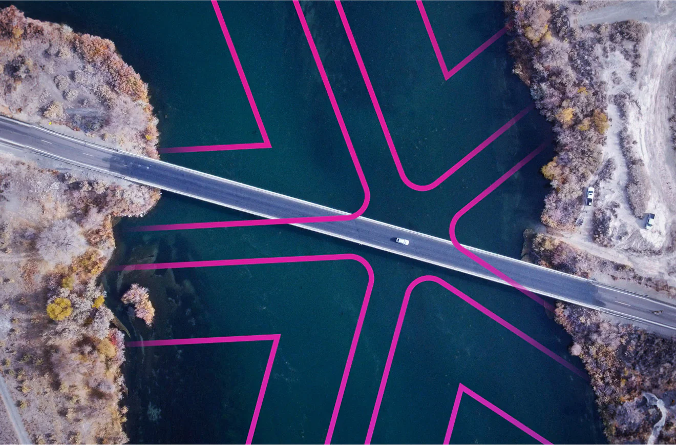 A electric car cruising across the highway with the Lynkwell logo suspended over it